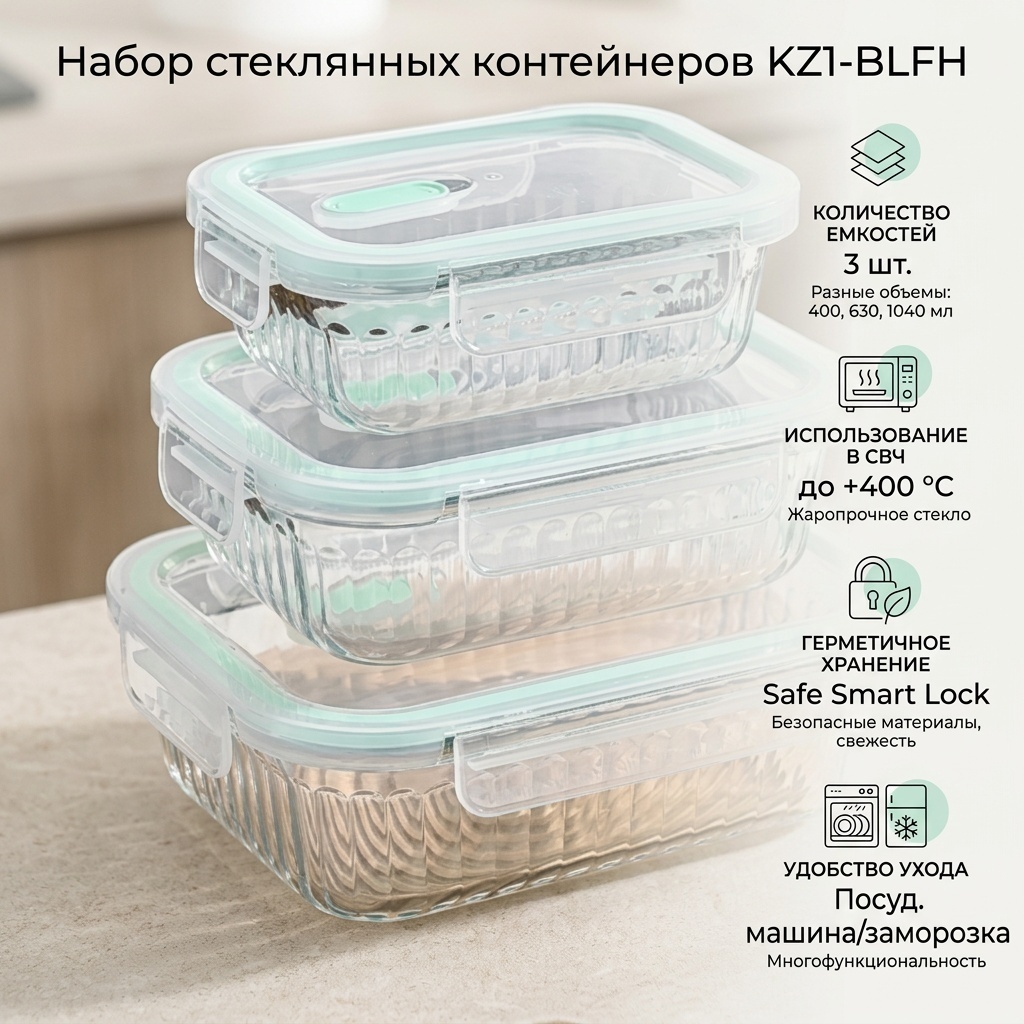 Набор контейнеров KZ1-BLFH 3 шт, пластик, жаропрочное стекло