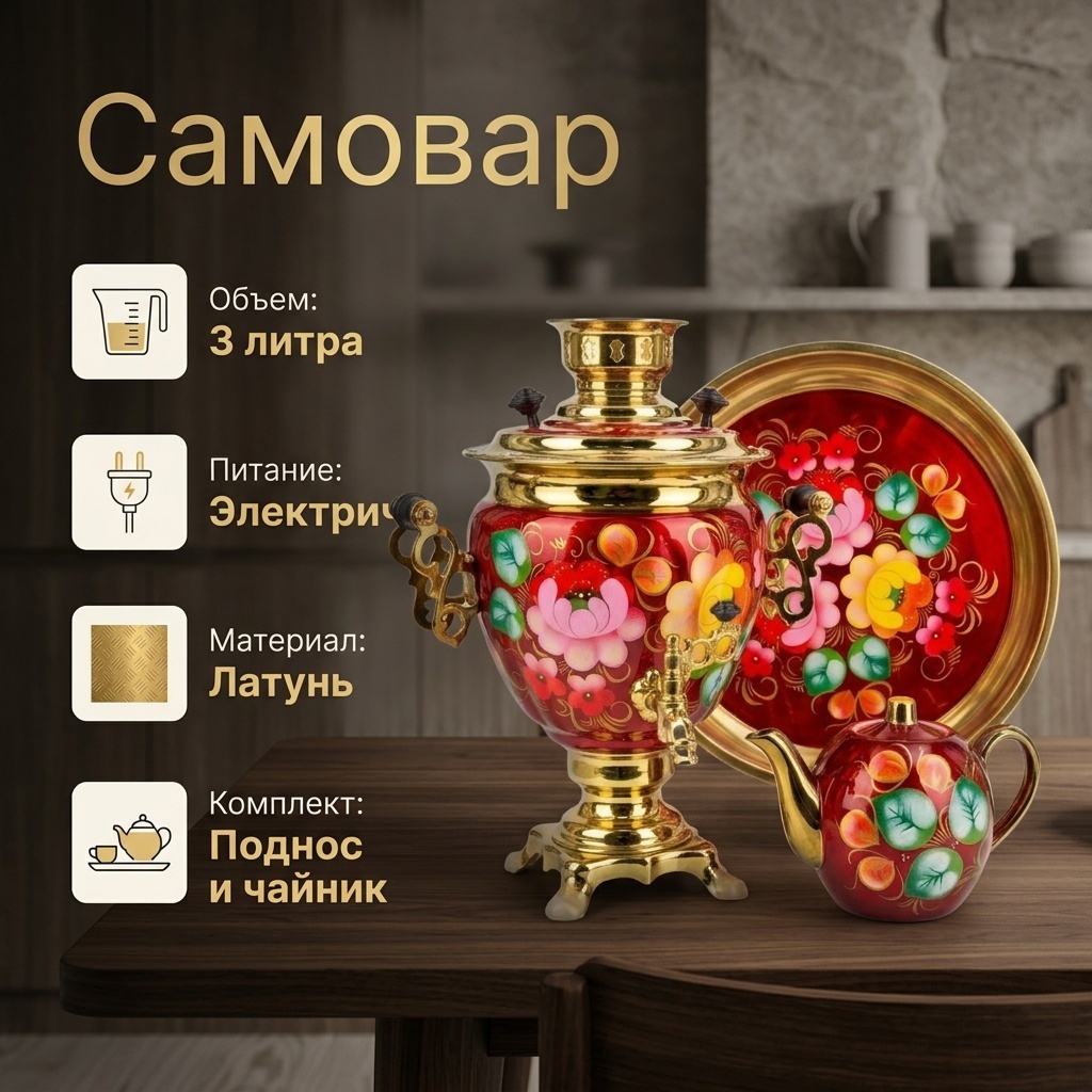Самовар 369283213 3 л, латунь