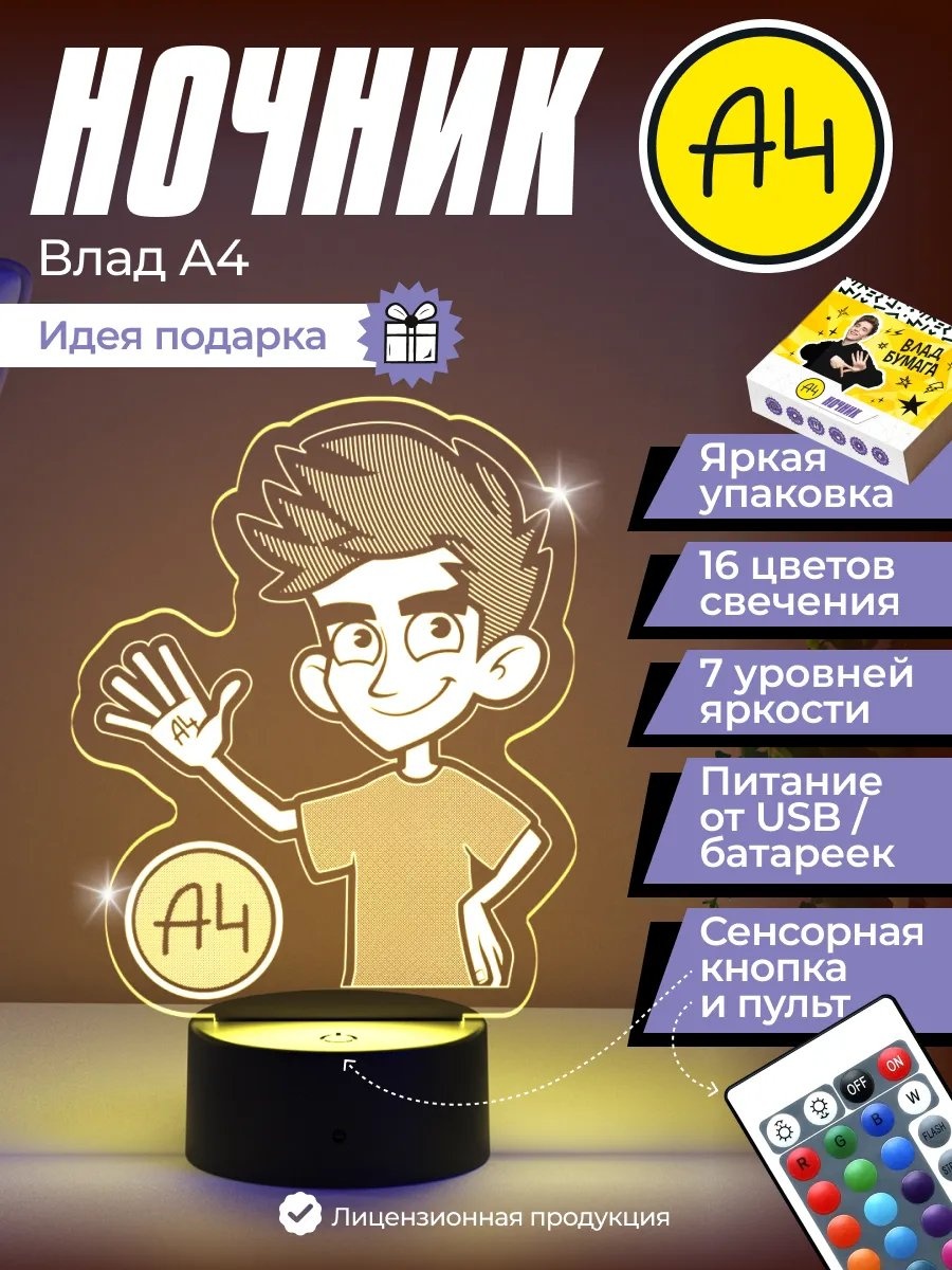 Светофей ночник детский в USB разъем Ночник "Влад А4", теплый белый, разноцветный
