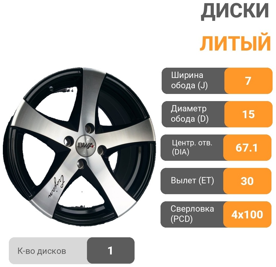 Top Grade T/G t5345 7x15/4x100 D67.1 ET30 1 диск черный, серебристый
