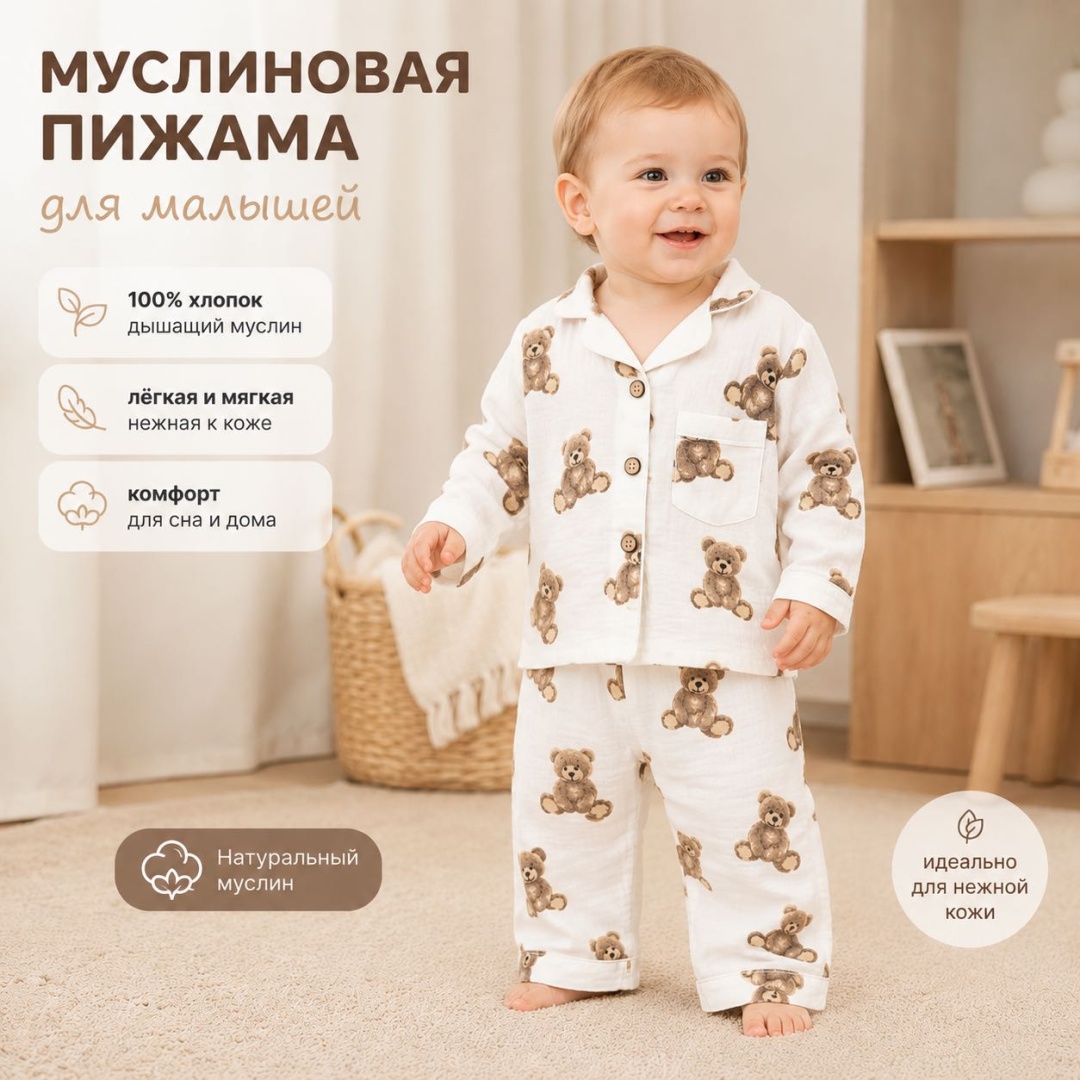 Пижама белый, темно-коричневый
