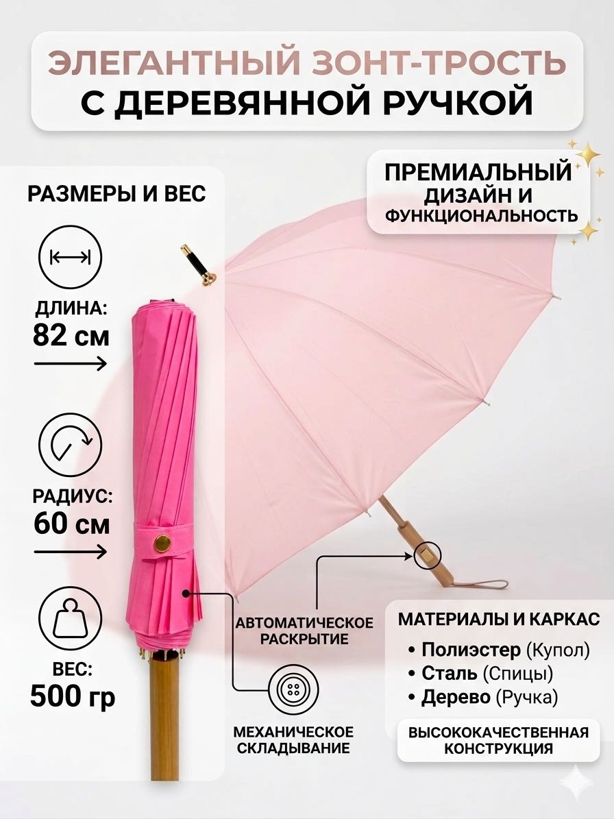 Зонт-трость полуавтомат розовый