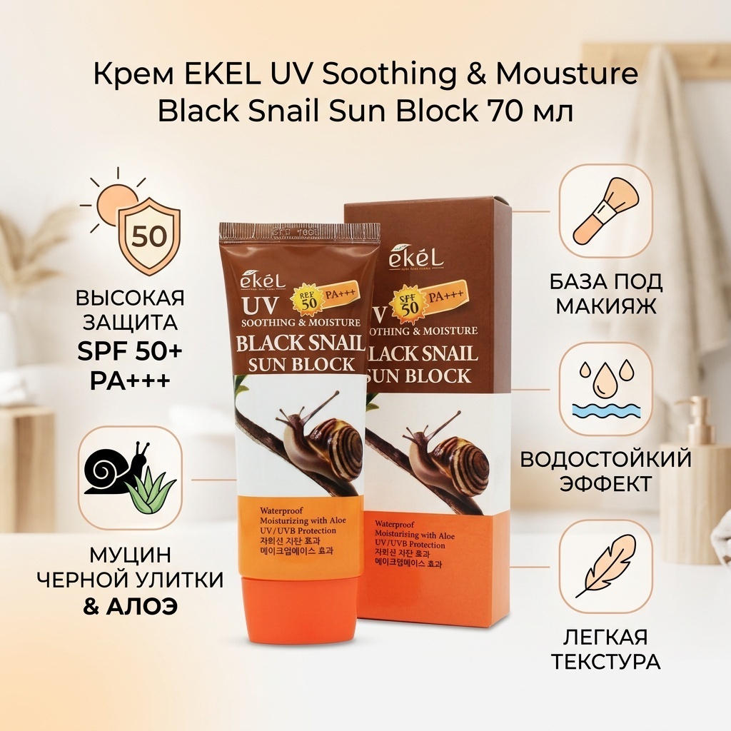 EKEL крем UV Soothing & Mousture Black Snail Sun Block для лица 70 мл