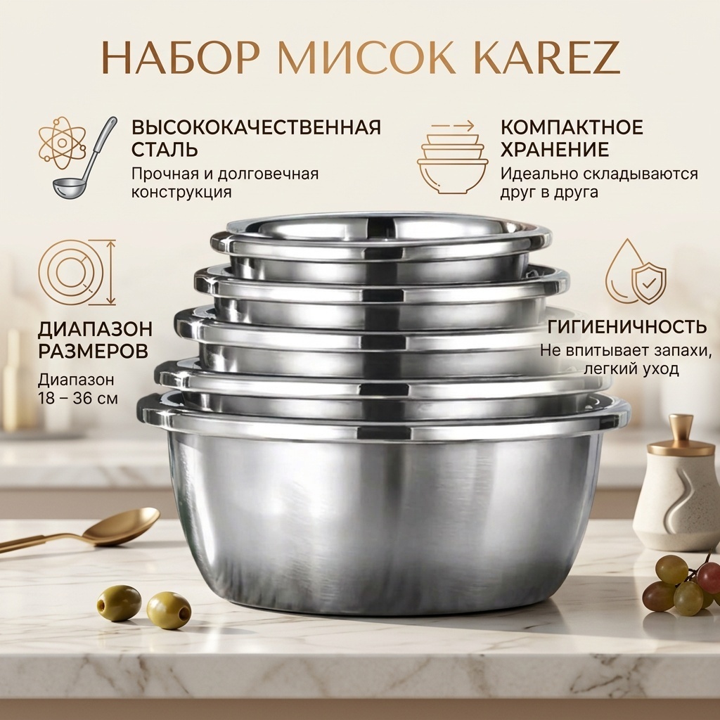 Набор мисок Karez 18х36 см, нержавеющая сталь, 5 шт