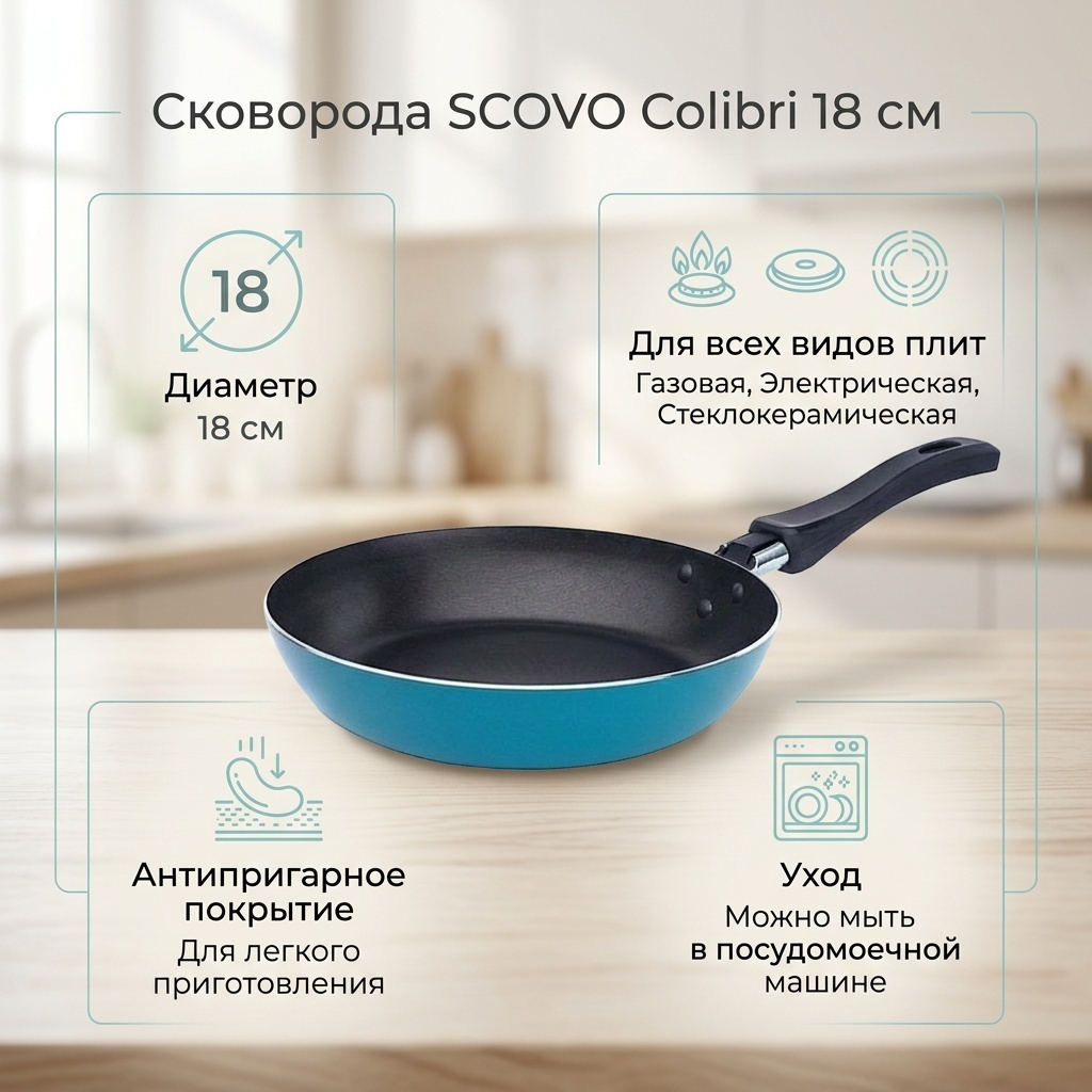Сковорода SCOVO Colibri 18 см с антипригарным покрытием, алюминий