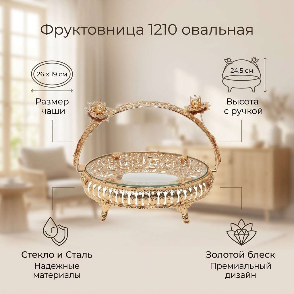 Фруктовница 1 шт, нержавеющая сталь, закаленное стекло, 26х19 см