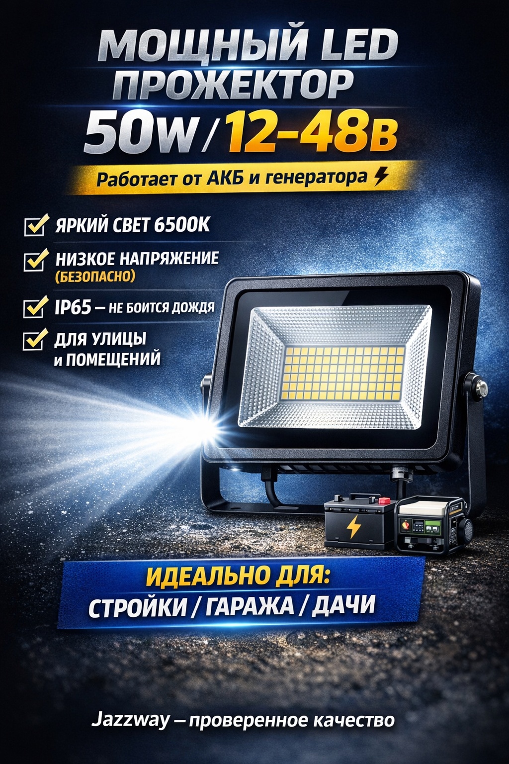 Прожектор напольный, на кронштейне Jazzway 50 Вт, холодный белый