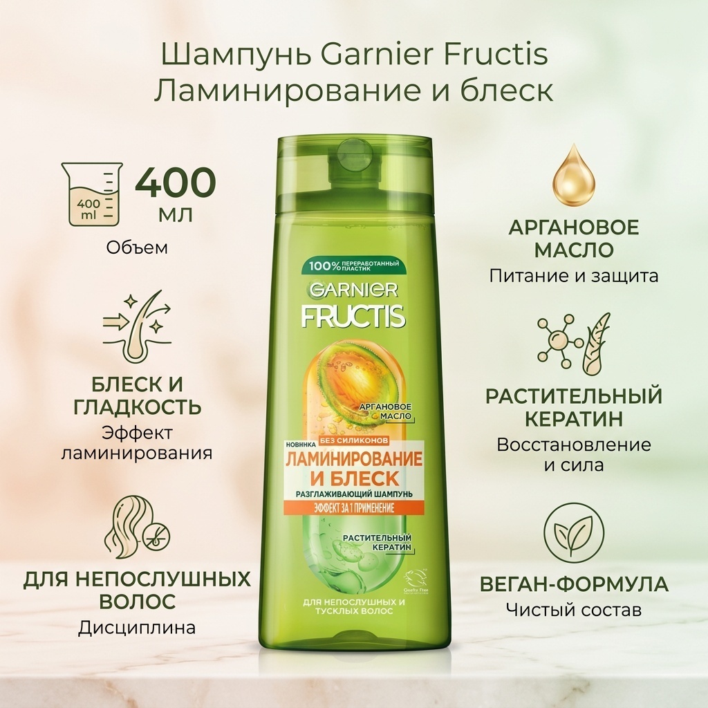 Garnier Fructis Ламинирование и блеск шампунь 400 мл