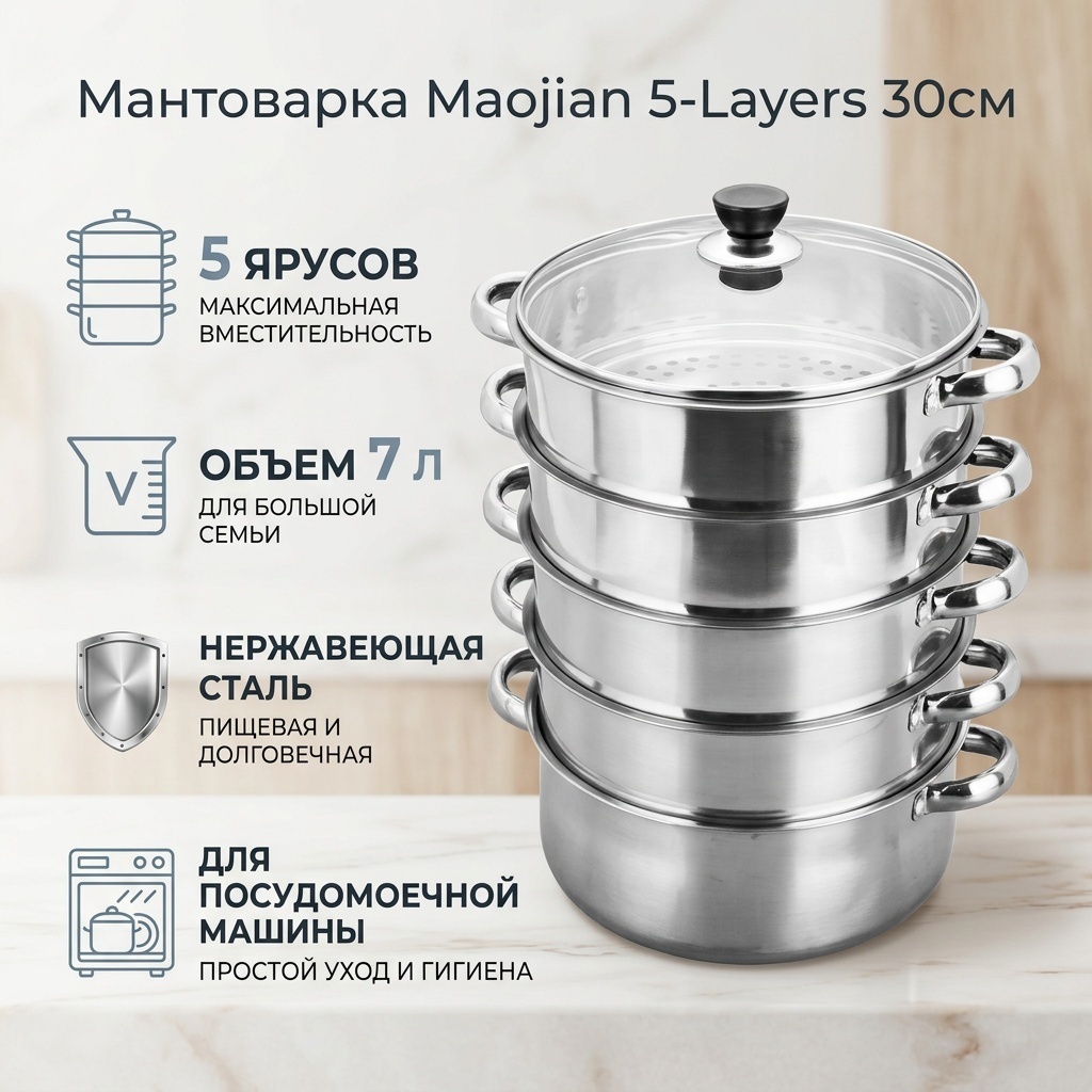 Мантоварка 7 л, Maojian нержавеющая сталь, количество ярусов: 5