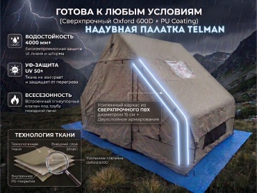 Надувная палатка TELMAN inflatable camping кемпинговая количество мест: 4 Оливковый серый