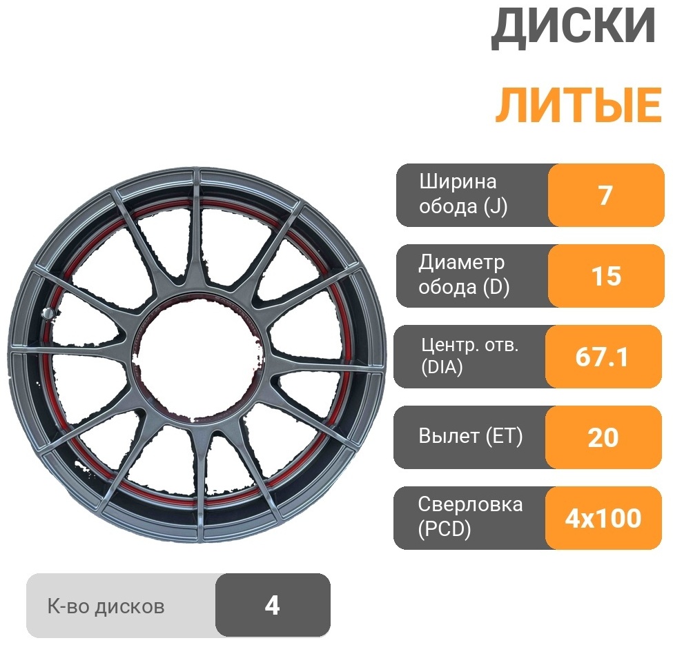 RNO 2025 7x15/4x100 D67.1 ET20 4 диска красный, серый