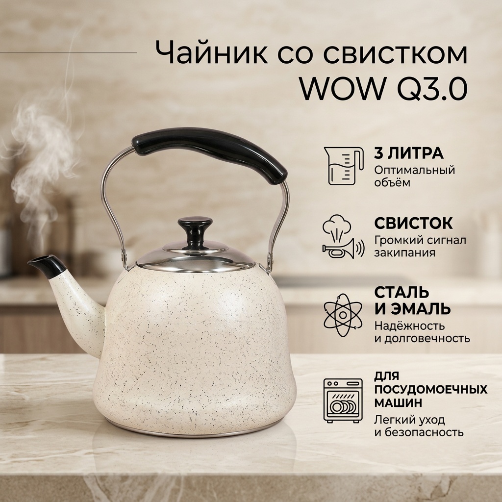 WOW чайник Q3.0-white 3 л, нержавеющая сталь, эмаль