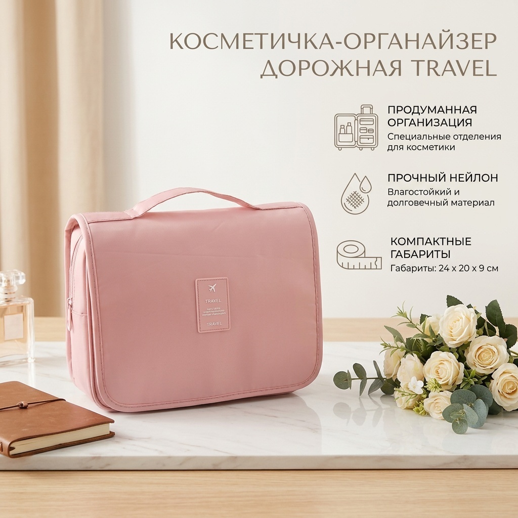 Косметичка нейлон розовый 24X20 см