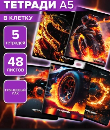 Набор общих тетрадей 957482509, 48 л, А5, клетка, твердая обложка, 5 шт