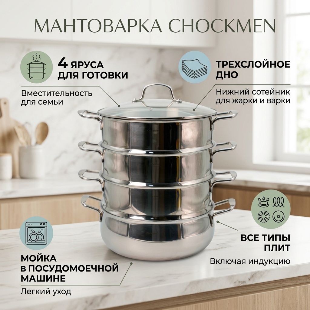 Мантоварка Chockmen 28см, 5.5л из нержавеющей стали