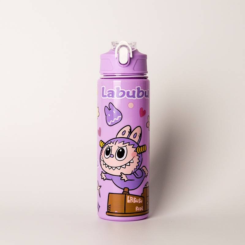 Бутылка Labubu 0.75 л фиолетовый, крышка с трубочкой, пластик