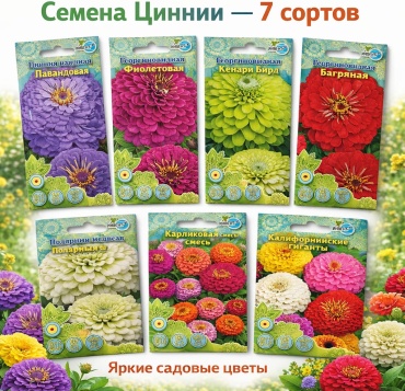 ИНВЕНТ+ цинния Набор семян Циннии «Яркий сад» — 7 сортов