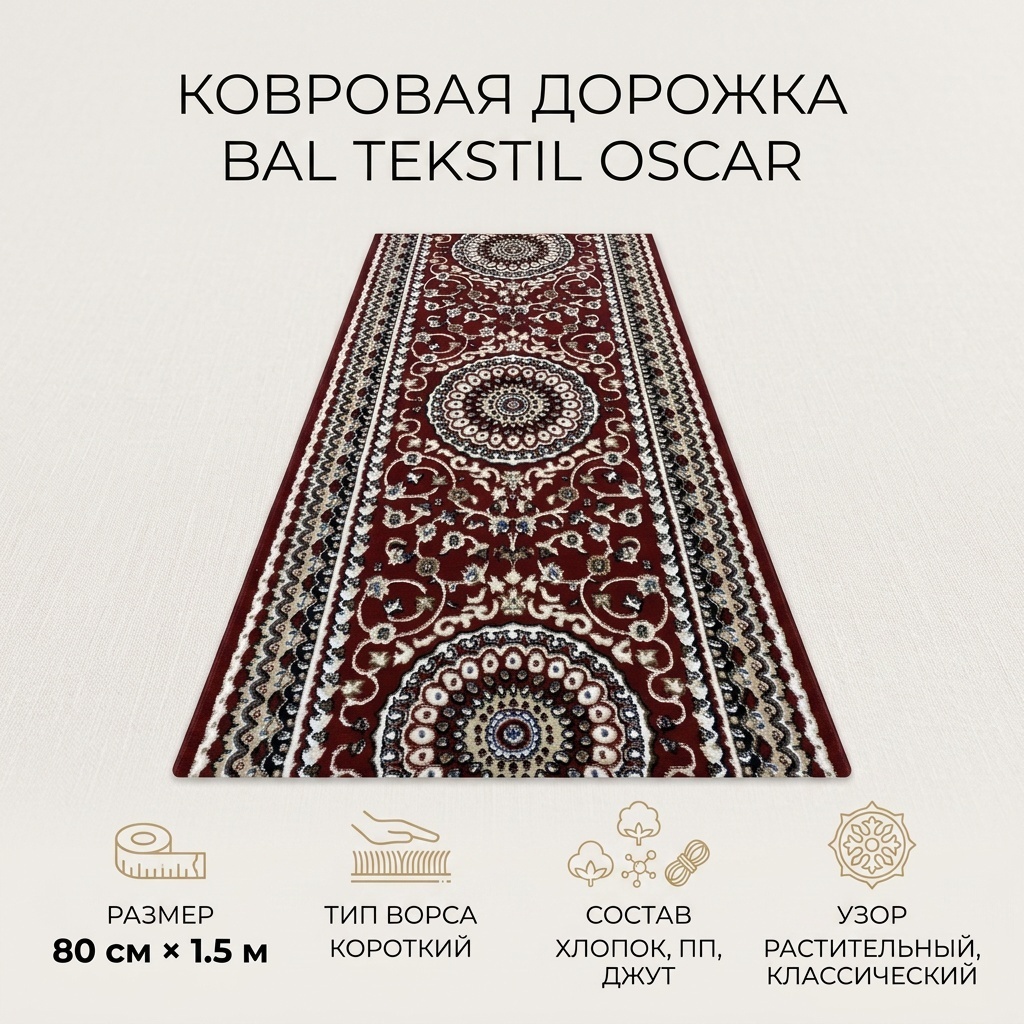 Ковровая дорожка Bal Tekstil короткий ворс, хлопок, полипропилен, джут, 80 см x 1.5 м