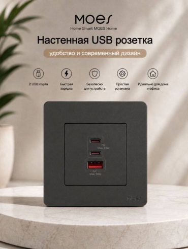 Розетка USB Moes PD-SR-EU-2C1A-65, серый, графит