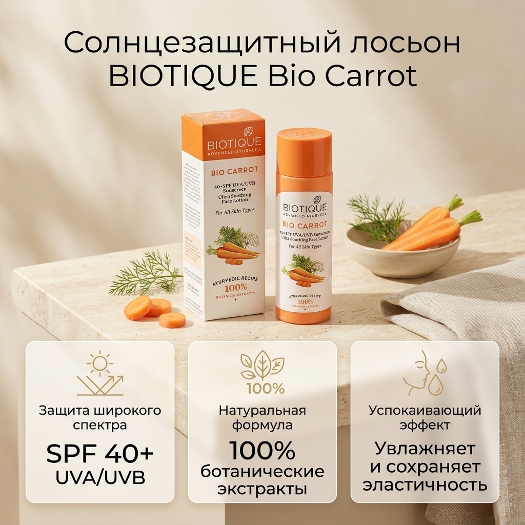 Солнцезащитный лосьон Морковь 40+ SPF UVA/UVB BIOTIQUE, 120 мл