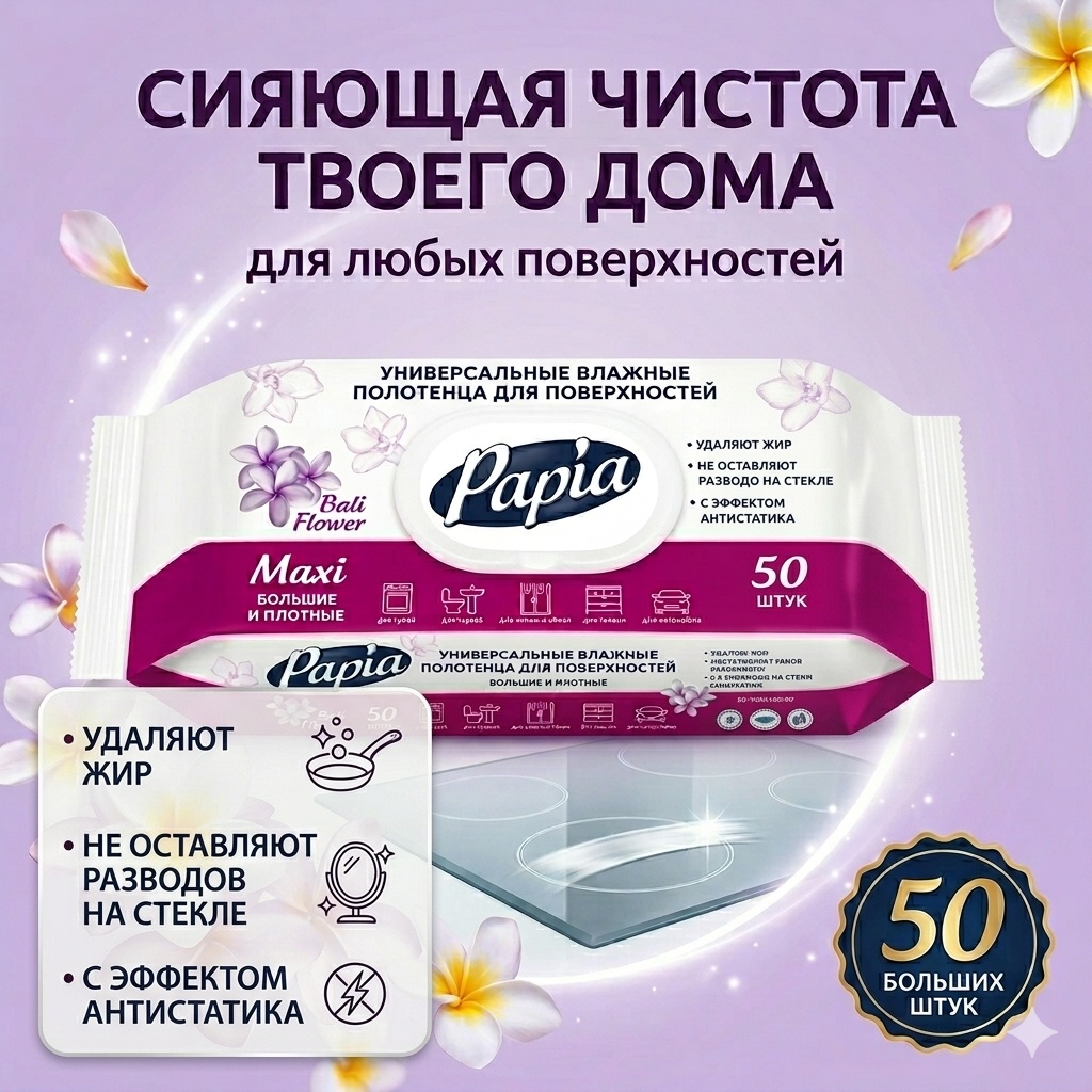 Влажные салфетки Papia Maxi Bali Flower 50 шт
