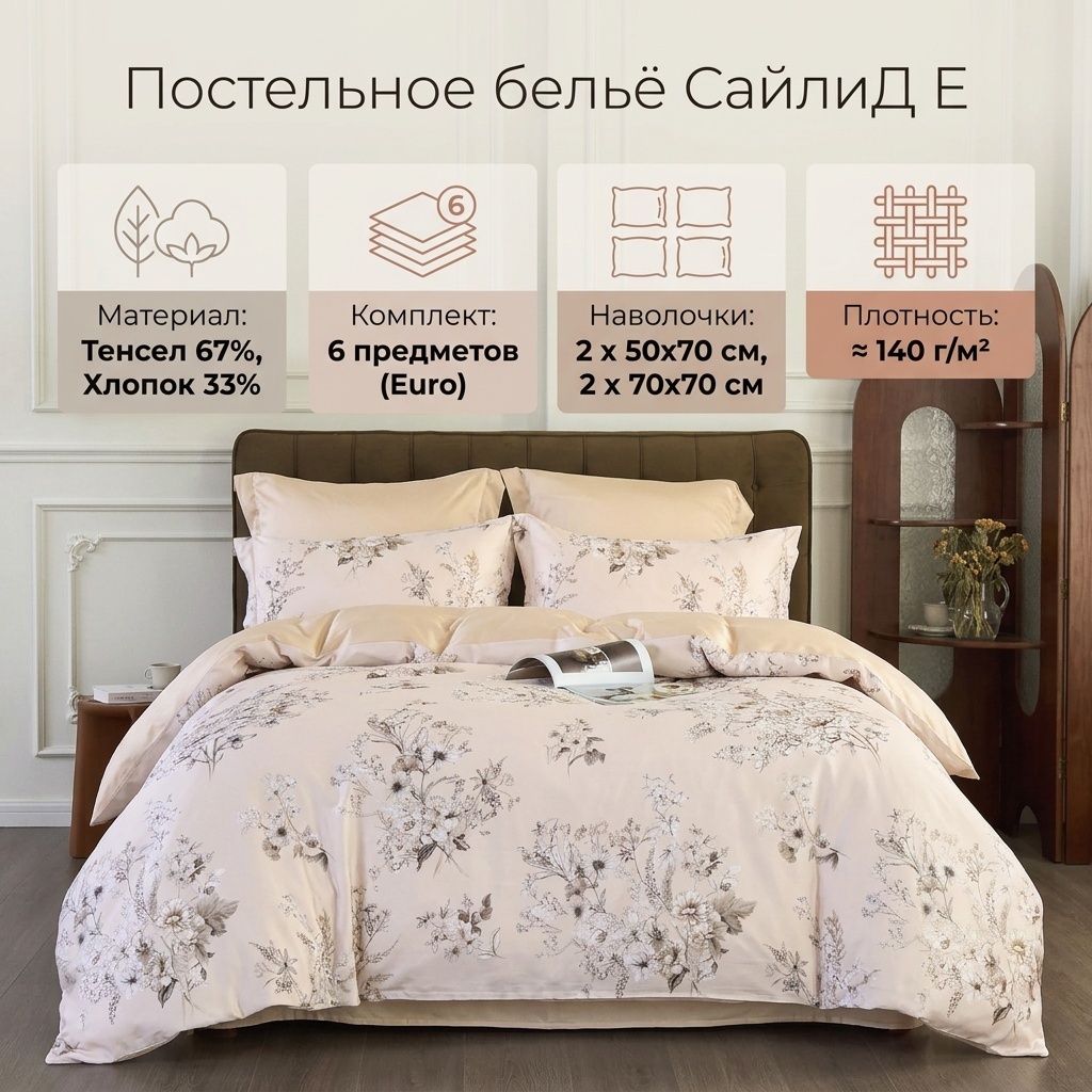 Комплект СайлиД пододеяльник 1 шт. + простыня 1 шт. + наволочка 4 шт. (2 больших + 2 маленьких) евростандарт хлопок, тенсель, 4 наволочки: 50x70 см, 70x70 см