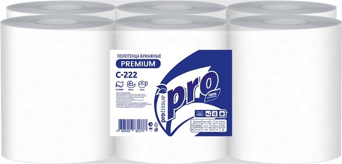 Бумажные полотенца PROtissue Полотенца бумажные рулонные PROtissue С222, 150 м, 2-слойные, без перфорации 6 шт