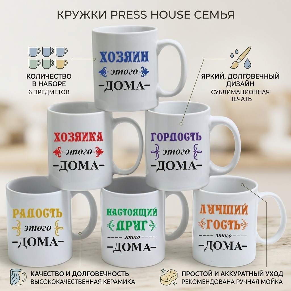 Набор кружек Press House «Семья», 300 мл, керамика, 6 шт.