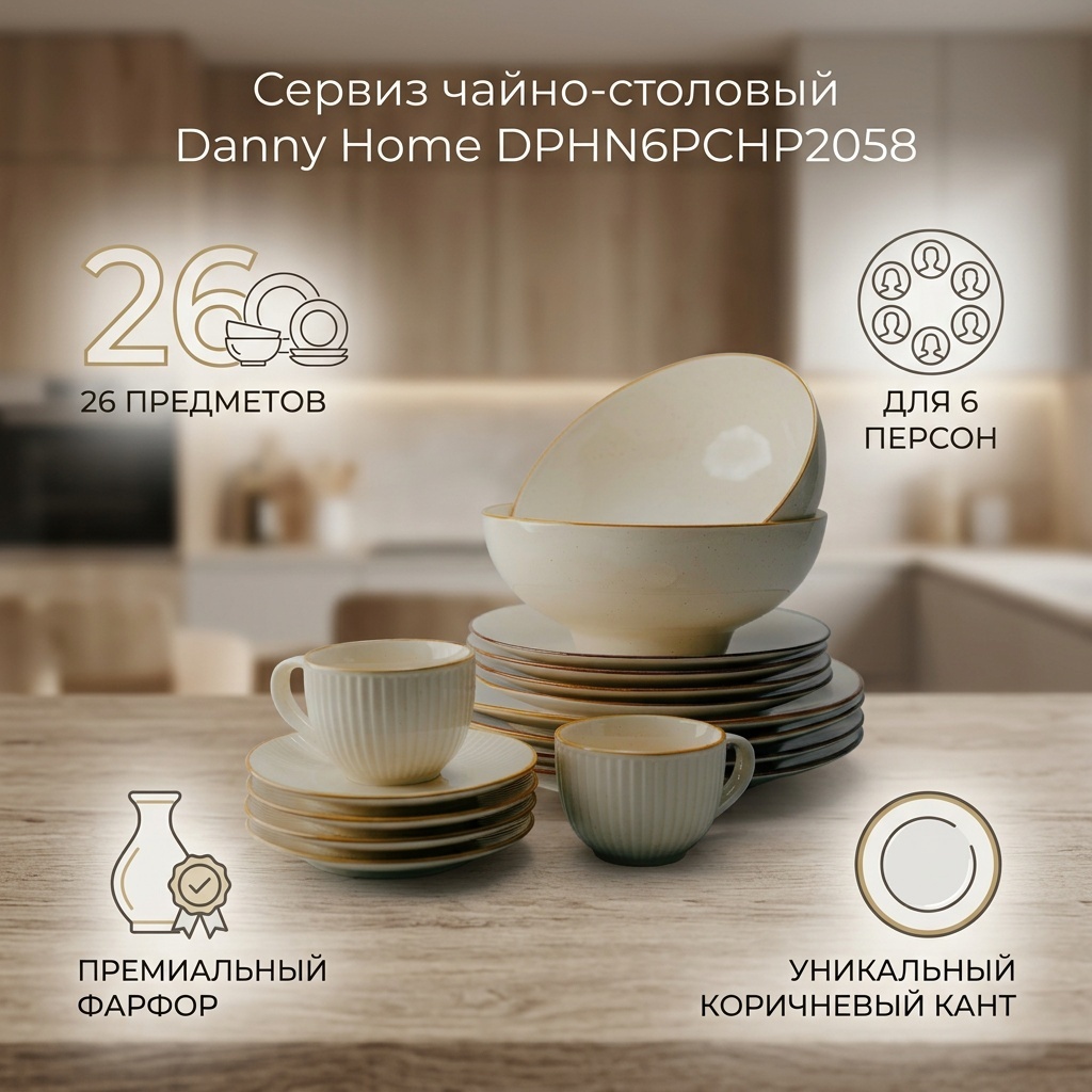 Сервиз на 6 персон Danny Home фарфор молочного цвета с коричневым искусственно состаренным кантом, предметов: 26, чайно-столовый, фарфор