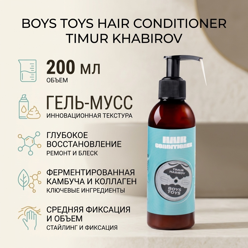 Boys Toys Несмываемый кондиционер для поврежденных волос с ферментированной Камбучи и Коллагеном 200мл гель-мусс средняя фиксация 200 мл