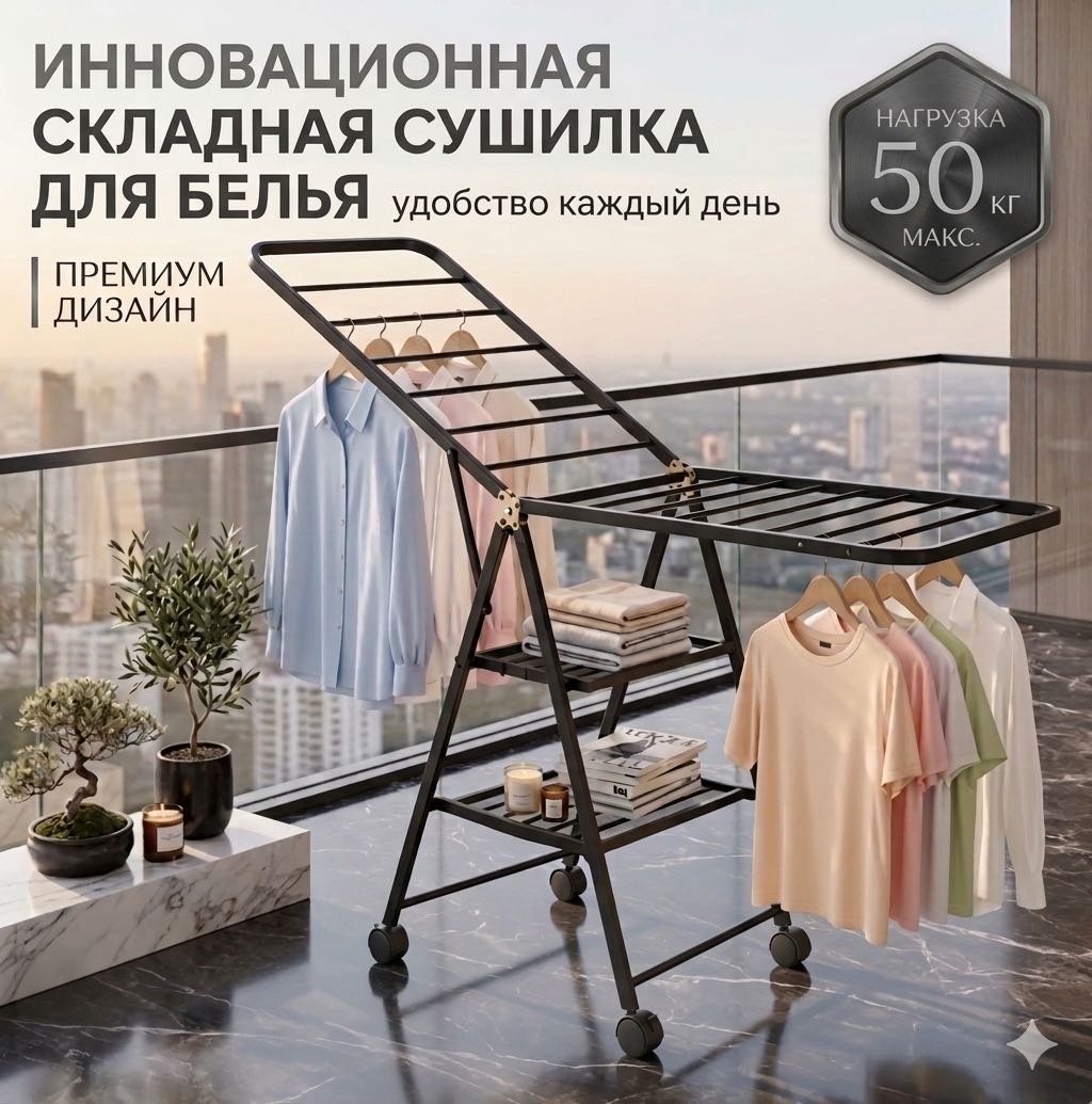Сушилка напольная 43x150x120 см, кол-во уровней: 3, металл, пластик