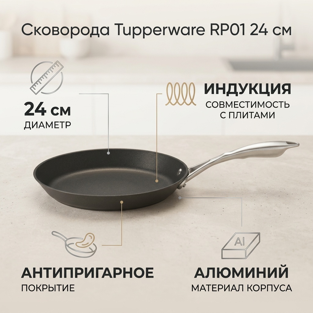 Сковорода Tupperware RP01 24 см с антипригарным покрытием, алюминий
