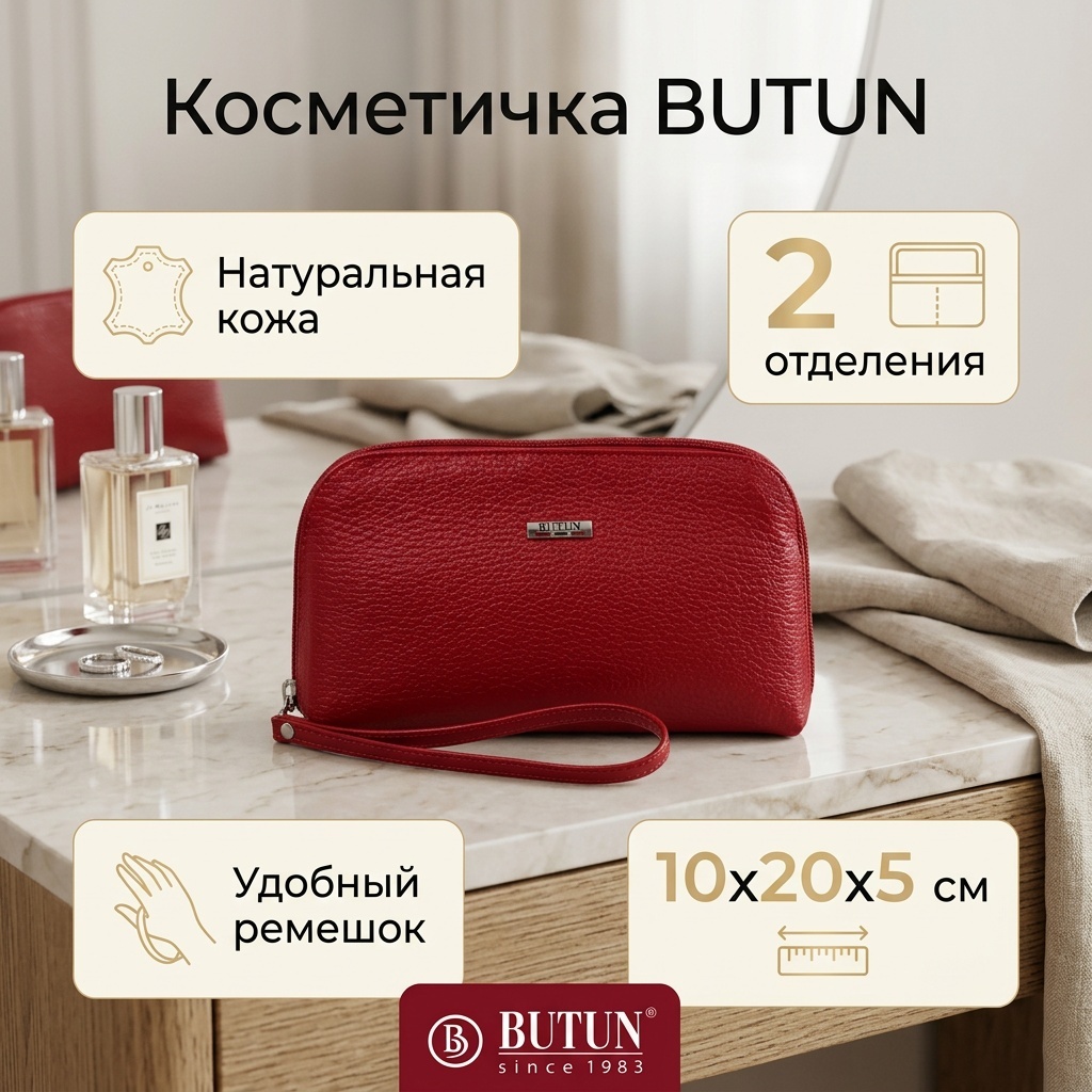 BUTUN косметичка натуральная кожа красный 10X20 см