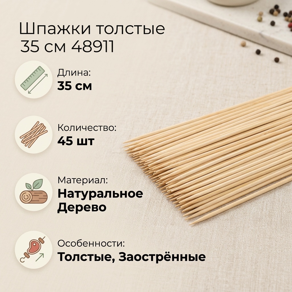 Шпажки деревянные толстые 35 см 48911 бежевый 45 шт набор