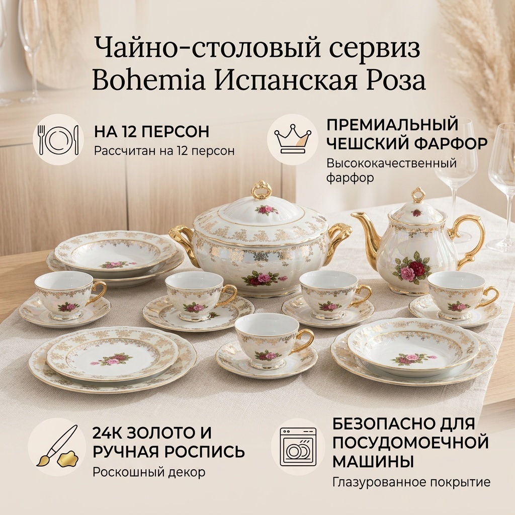 Сервиз на 12 персон Bohemia Испанская Роза, предметов: 101, чайно-столовый, фарфор