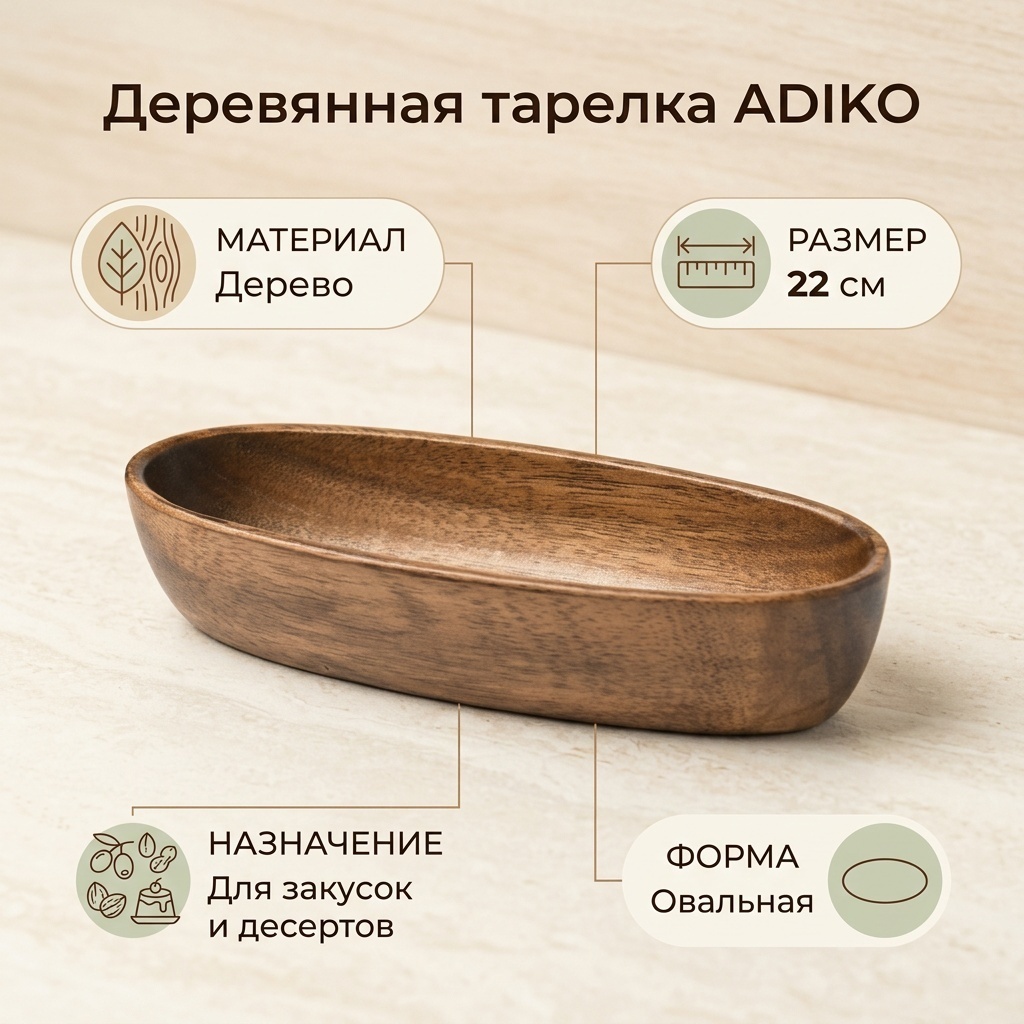Тарелка ADIKO 22 см, 1 шт, дерево