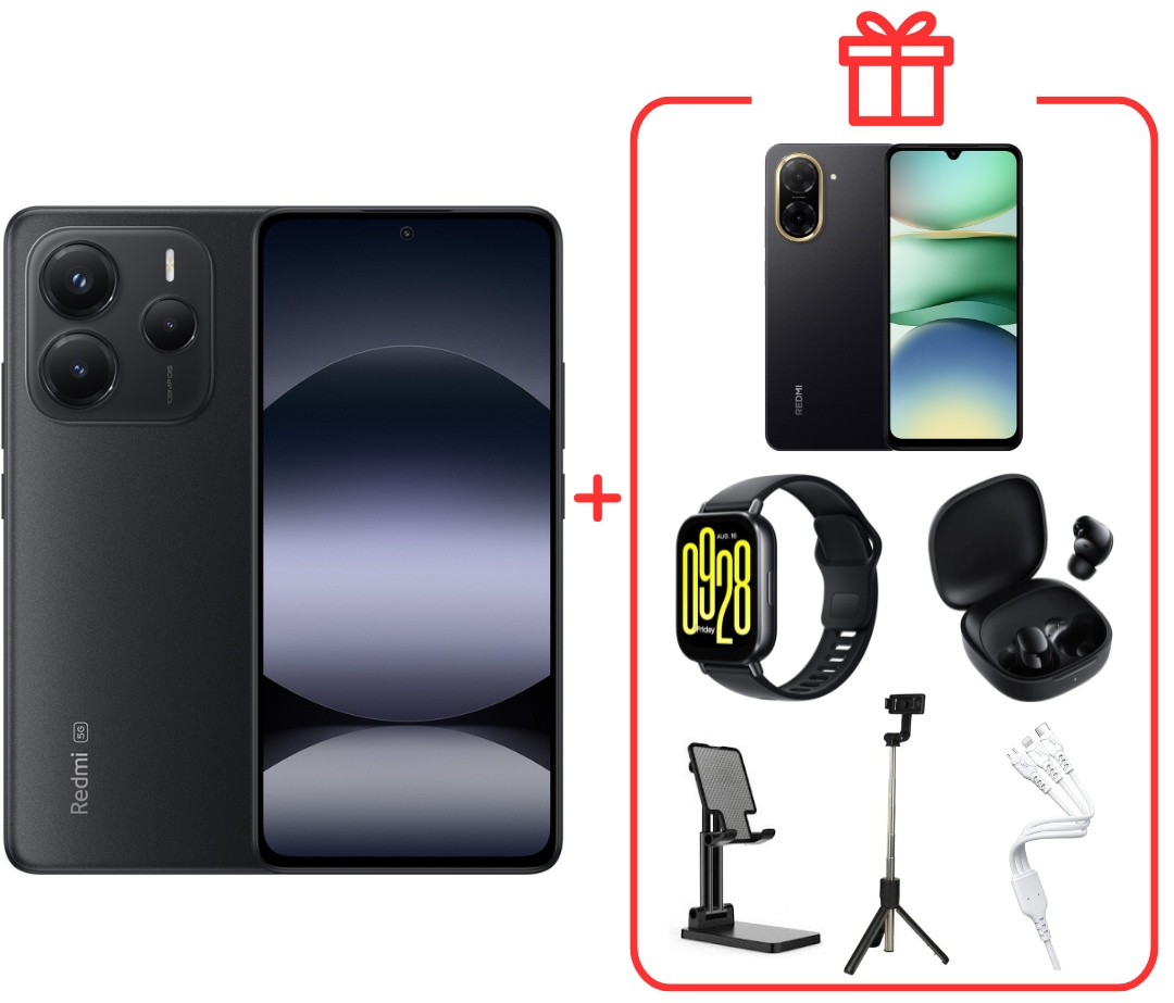 Смартфон Xiaomi Redmi Note 14 + Redmi A5 black + Redmi Watch 5 Active + Redmi Buds 6 Play + подставка для телефона + интерфейсный кабель 3 в 1 + трипод 8 ГБ/256 ГБ черный