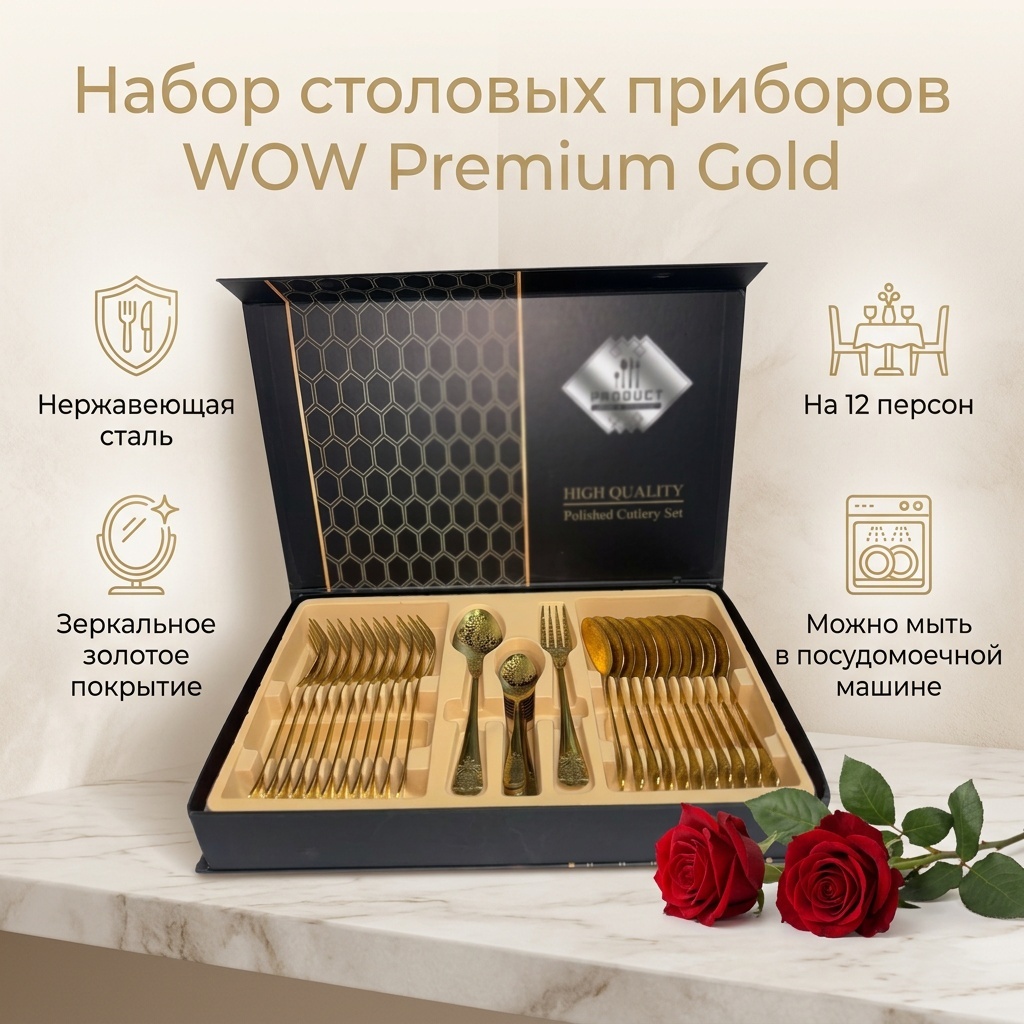 Набор столовых приборов WOW 36 шт, золотистый YH-36