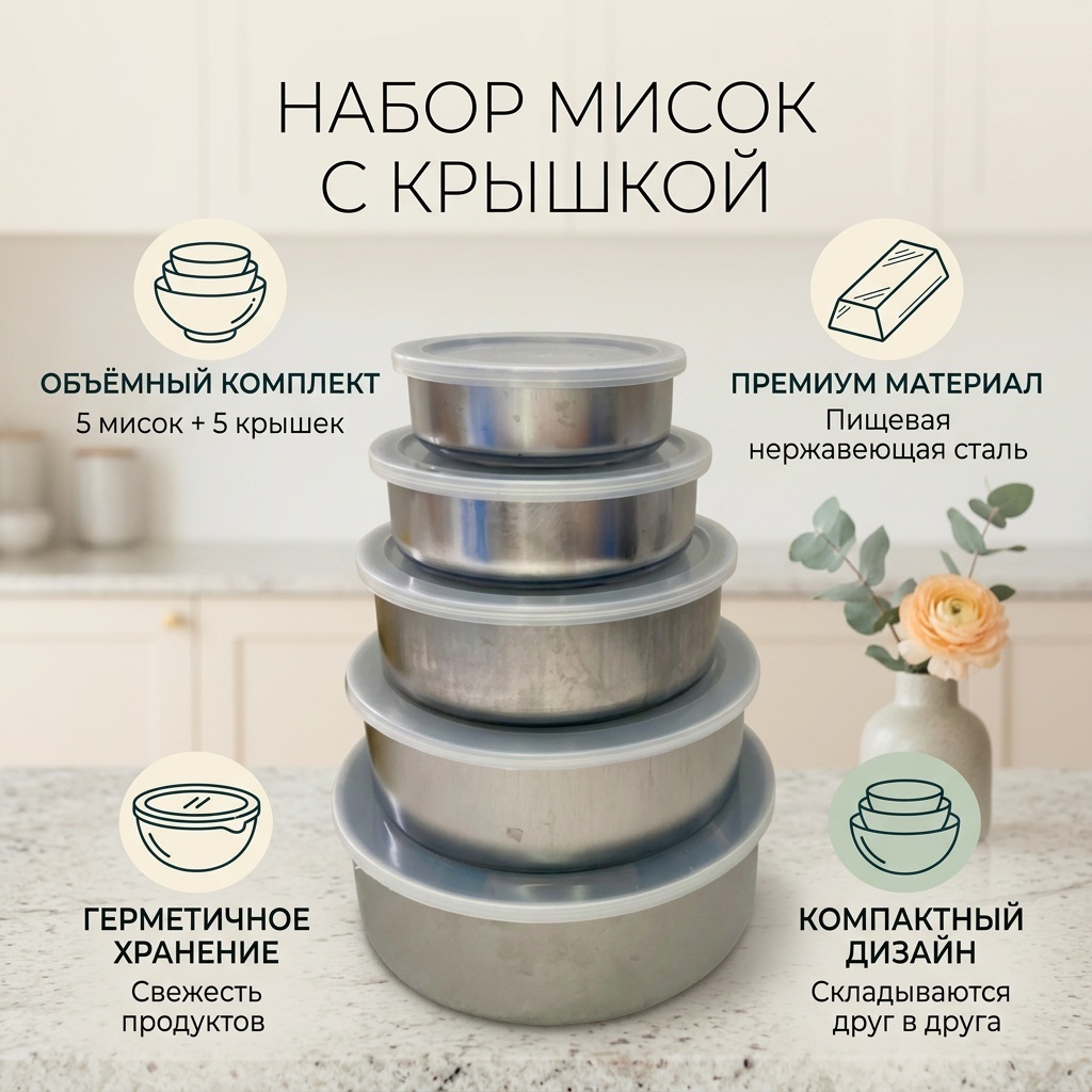 Набор мисок 5 мисок разного размера и 5 крышек пластиковых 18х18 см, нержавеющая сталь, 5 шт