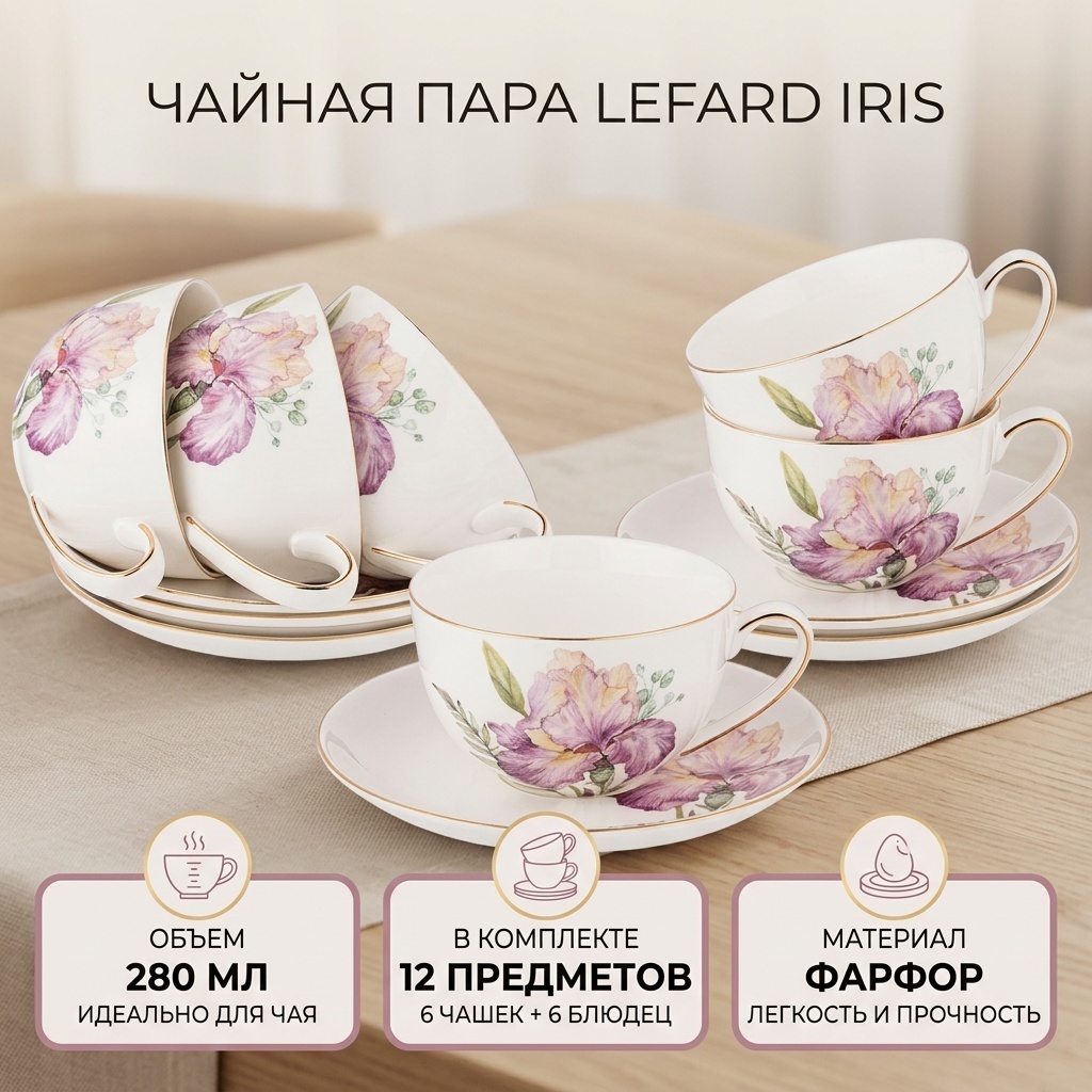 Чайная пара Lefard «Iris», 280 мл, фарфор, 6 шт.