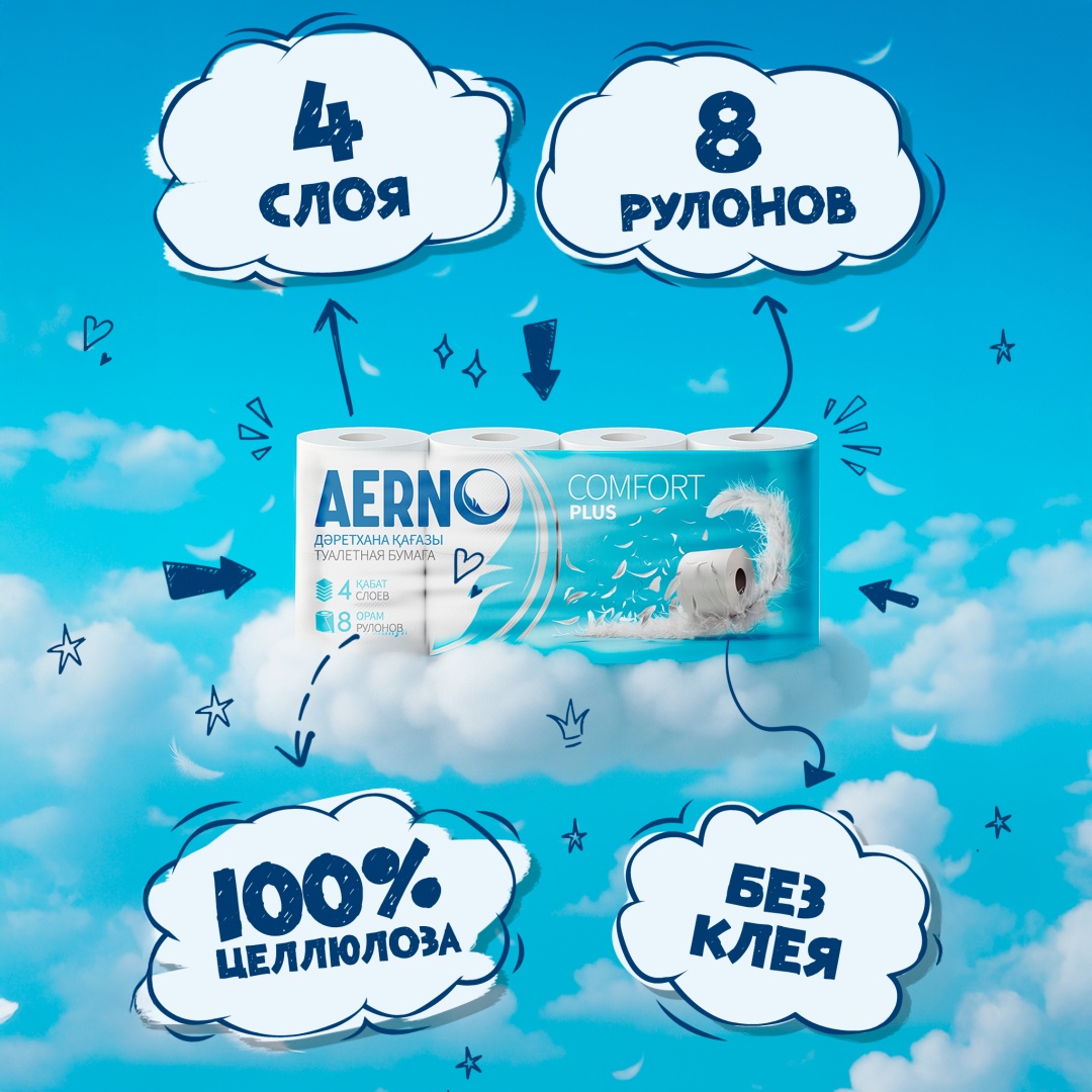 AERNO туалетная бумага 4-слойный 8 шт, первичная целлюлоза