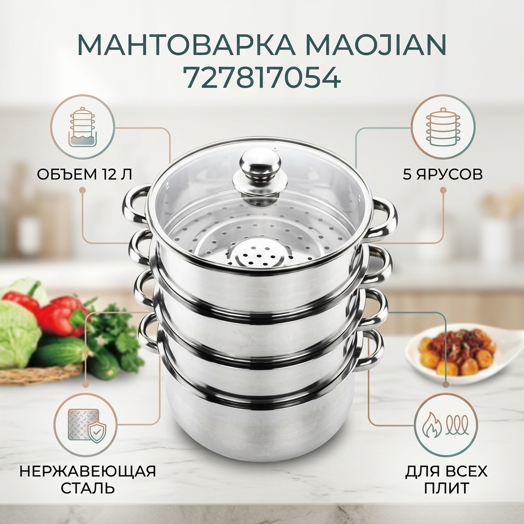 Мантоварка 12 л, Maojian нержавеющая сталь, количество ярусов: 5