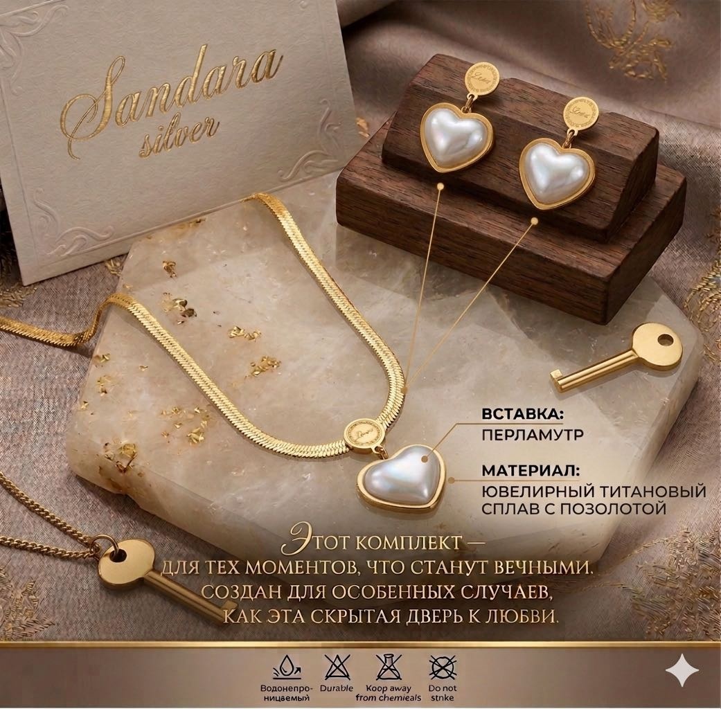 SANDARA silver комплект украшений с сердцами, титан, золочение, перламутр