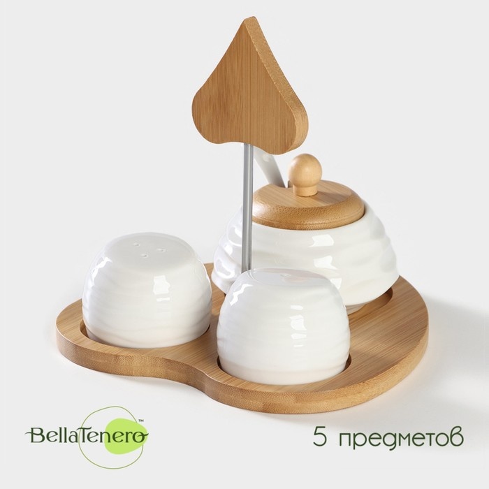 BellaTenero набор для специй Набор для специй, 5 предметов: солонка, перечница, сахарница с ложкой, на бамбуковой подставке, фарфор