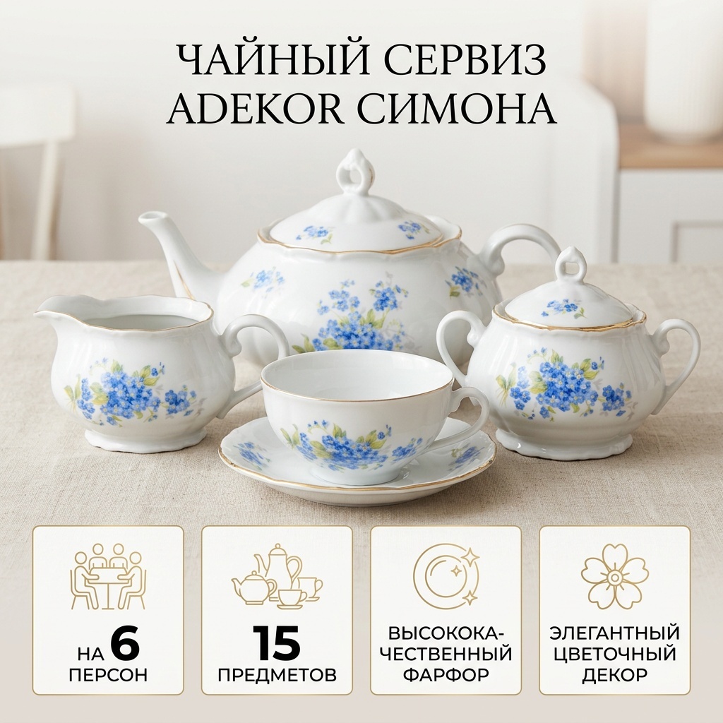 Сервиз на 6 персон Adekor , предметов: 15, чайный, фарфор