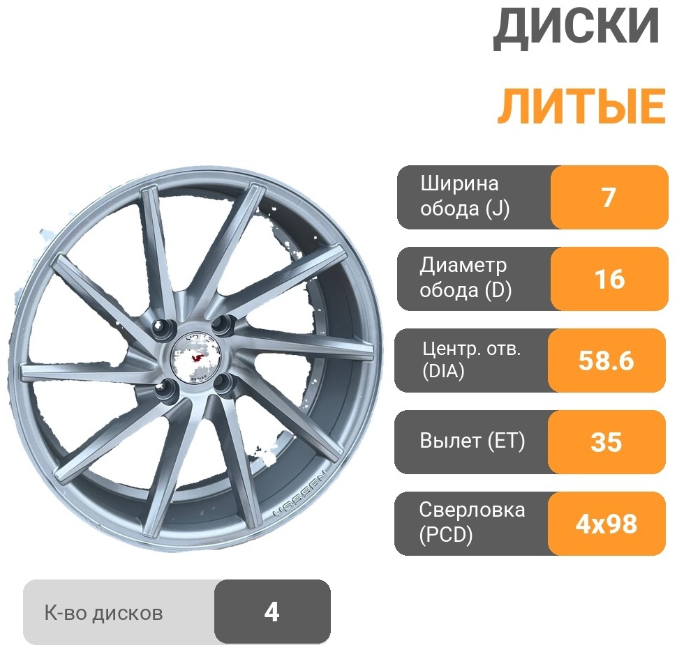 Rainbow Dance 175 7x16/4x98 D58.6 ET35 4 диска серебристый