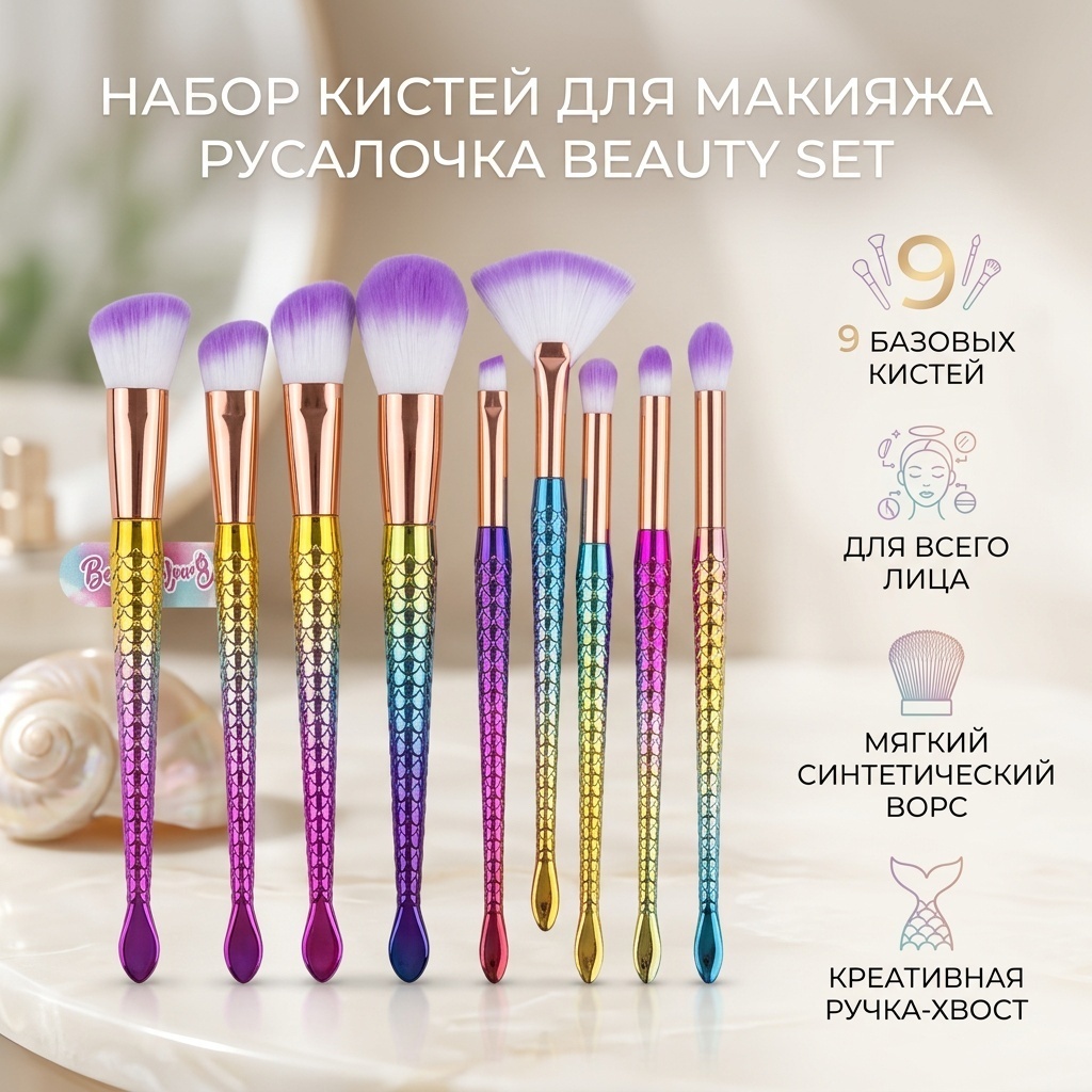 Набор кистей для макияжа Русалочка 9 шт