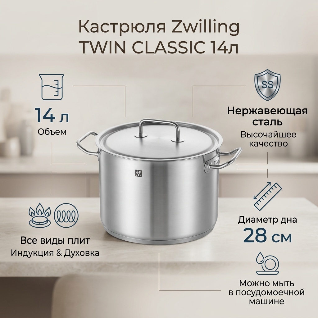 Кастрюля 14 л, Zwilling KOCHTOPF TWIN CLASSIC 14L нержавеющая сталь