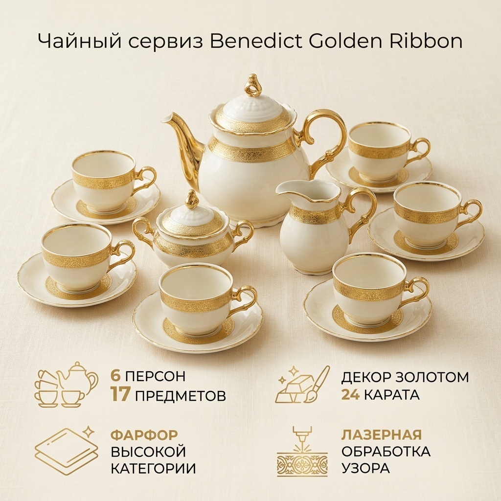 Сервиз на 6 персон Benedict Золотая лента, предметов: 17, чайный, фарфор
