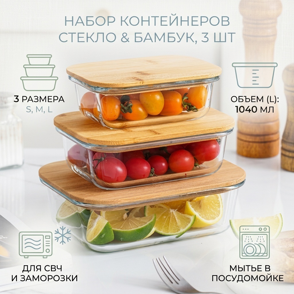 Набор контейнеров 4497007_143046042 3 шт, стекло, бамбук